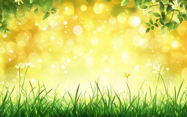 Obraz premium A serene spring scene showcasing lush green grass bathed in golden sunlight, complemented by a dreamy, blurred background 