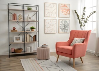 Obraz premium scandinavian interior design of modern living-room with light pink sofas, mock up poster in luxury classic style 