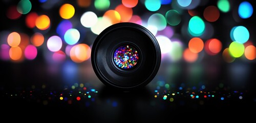 Fototapeta premium A striking image of a camera lens isolated on a black background, with shimmering colorful bokeh lights in the background, ideal for use as clip art in PowerPoint presentations
