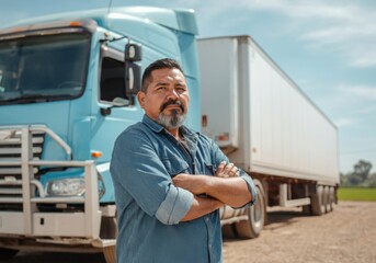 Portrait of a proud truck driver standing with crossed arms in front of his blue semi-truck, representing transportation and logistics