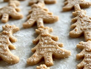 Closeup of holiday-themed cookies shaped like reindeer and Christmas trees 