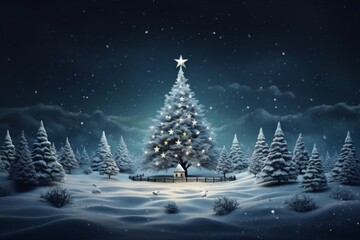 Beautifully illuminated christmas tree standing in the snow at night under a shining star above