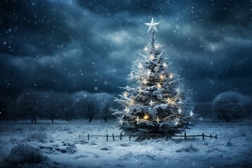 Enchanting christmas tree illuminated under starry night sky amidst the snowy landscape