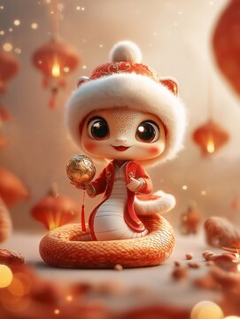 New Year Cartoon Snake And Lanterns On Red Background