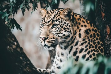 Naklejka premium A close-up of a leopard in a tree