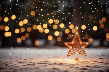 A radiant star shining brightly amidst enchanting bokeh effects in a serene night sky landscape