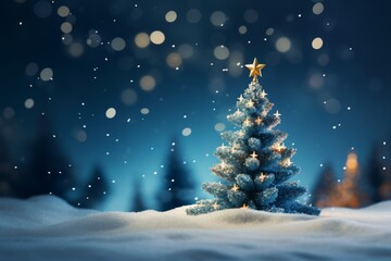 Majestic christmas tree illuminated by a shining star amidst a snowy night with bokeh effects
