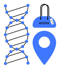 DNA structure, handbag with tag, blue location pin. Ideal for genetics, shopping, location-based services, diversity, science retail maps education themes. Line metaphor