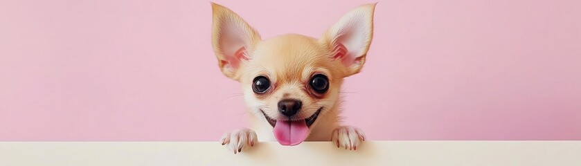 Cute Chihuahua peeking over a white surface with a playful expression against a pink background.