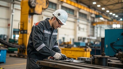 Industry maintenance engineer in uniform and hard hat working at factory station
