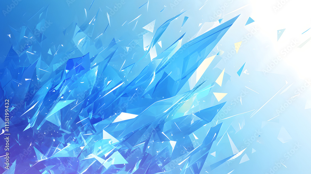 Poster abstract digital art featuring a vibrant explosion of shattered blue crystals, creating a dynamic an