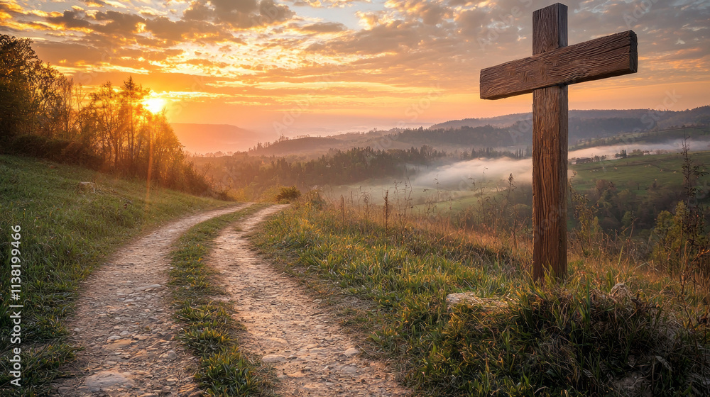 Poster A cross is standing in a field with a road in the background