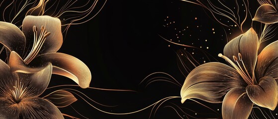 luxury gold floral line art wallpaper vector. Exotic botanical background, Lily flower vintage boho style