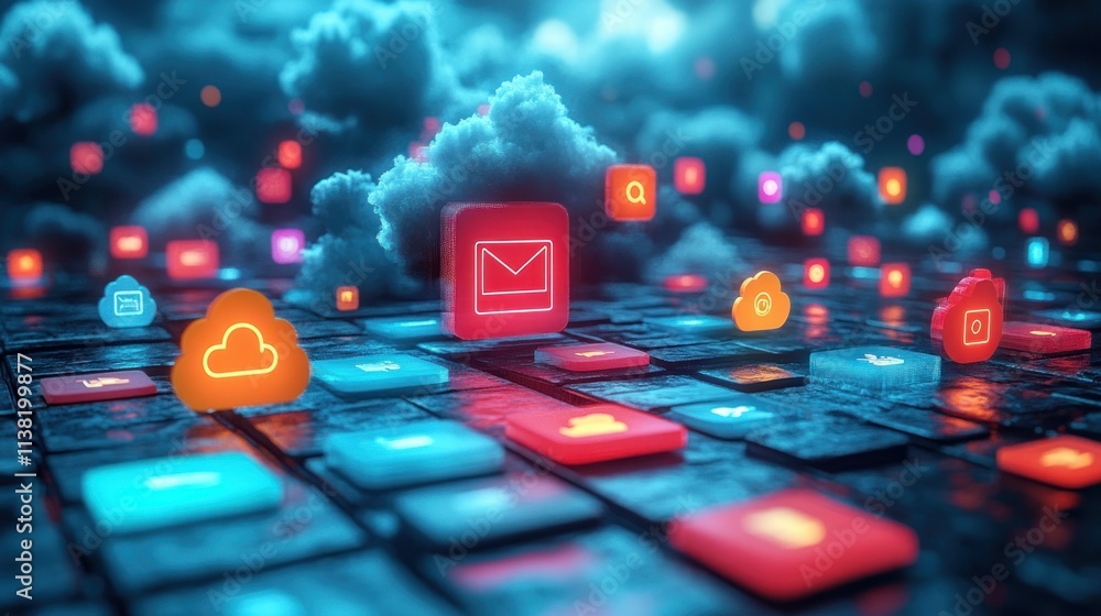 Poster cybernetic cloud network: digital data flow and icons