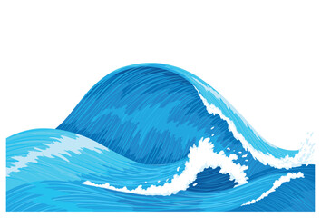 Ocean waves, splash water, marine sea storm element. Blue sea or ocean wave with spray, foam on crest. Vector illustration
