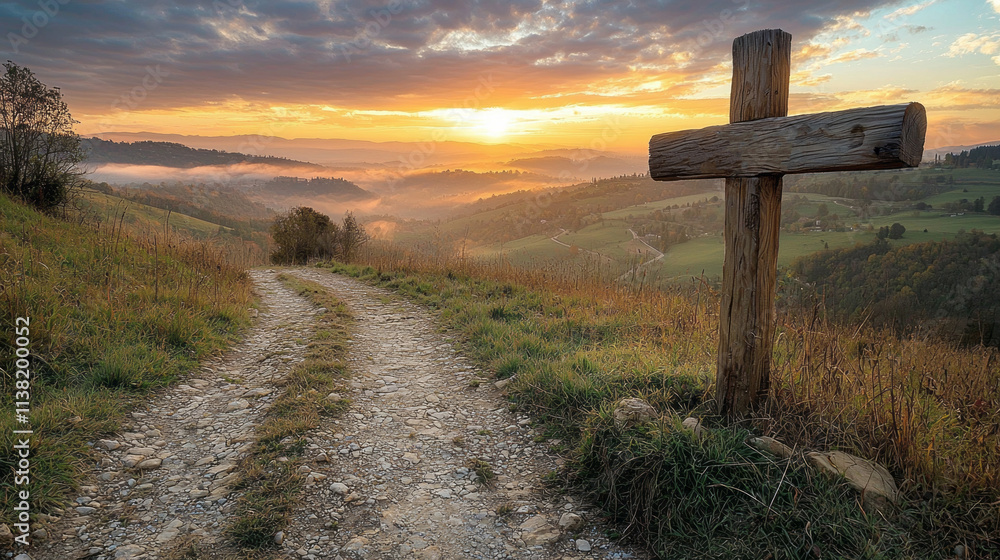 Poster A cross is standing in a field with a road in the background