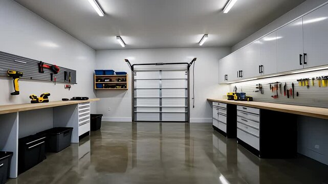 Modern Organized Garage Workshop with Tools, Cabinets, Workbenches, and Bright Overhead Lighting

