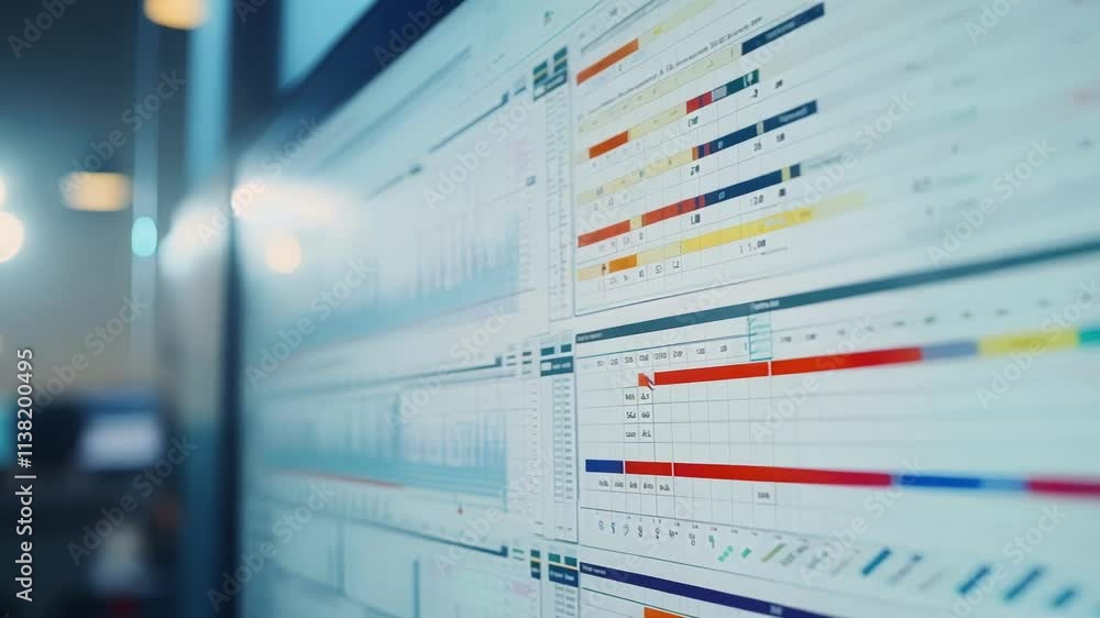 Poster changing data charts and graphs display on a large interactive whiteboard in a factory setting, show