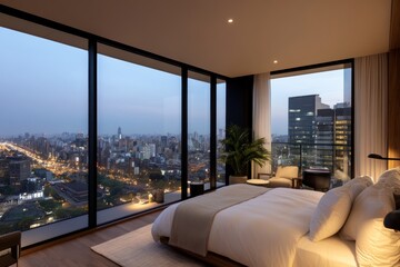 A stylish modern bedroom showcasing a striking city skyline view at dusk, blending luxury and comfort with a breathtaking urban backdrop.