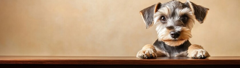 Cute dog looking curiously from a wooden surface, showcasing its adorable expression.