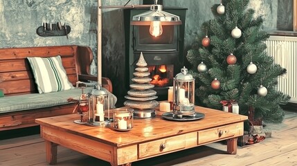 cozy scandinavian living room scene: a wooden table adorned with minimalist holiday ornaments and soft candlelight — perfect poster for creating a warm atmosphere in your home decor.