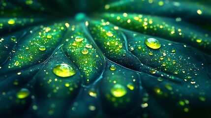 A dramatic macro shot of a lotus leaf with beads of water clinging to its hydrophobic surface, glowing under soft lighting, showcasing vivid greens and detailed veins, cinematic composition.