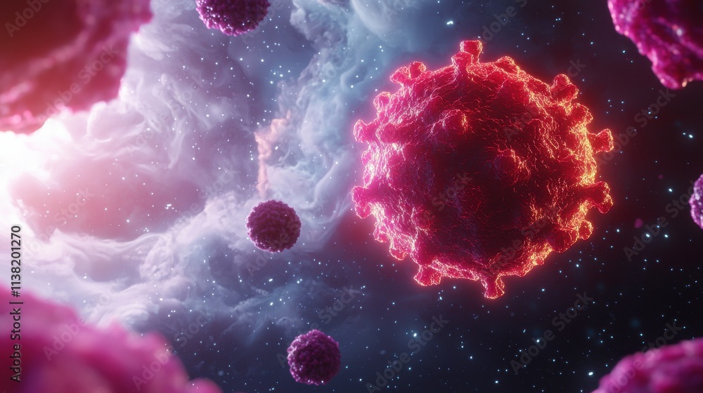 Poster a vibrant, digital rendering of virus-like structures in a cosmic backdrop, showcasing the intricate