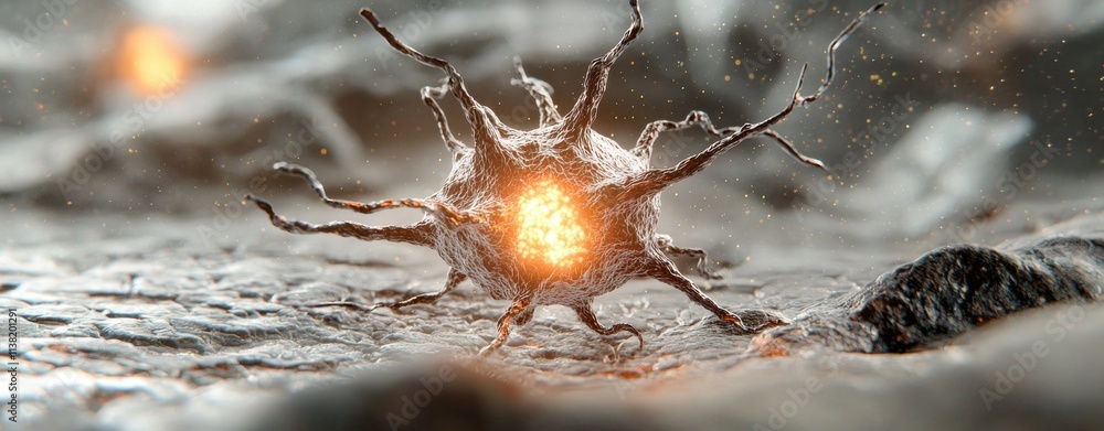 Poster a detailed, high-resolution image of a microscopic entity, showcasing intricate structures and a glo
