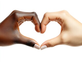 Two hands of diverse ethnicities coming together to form a heart, representing love, unity, and diversity