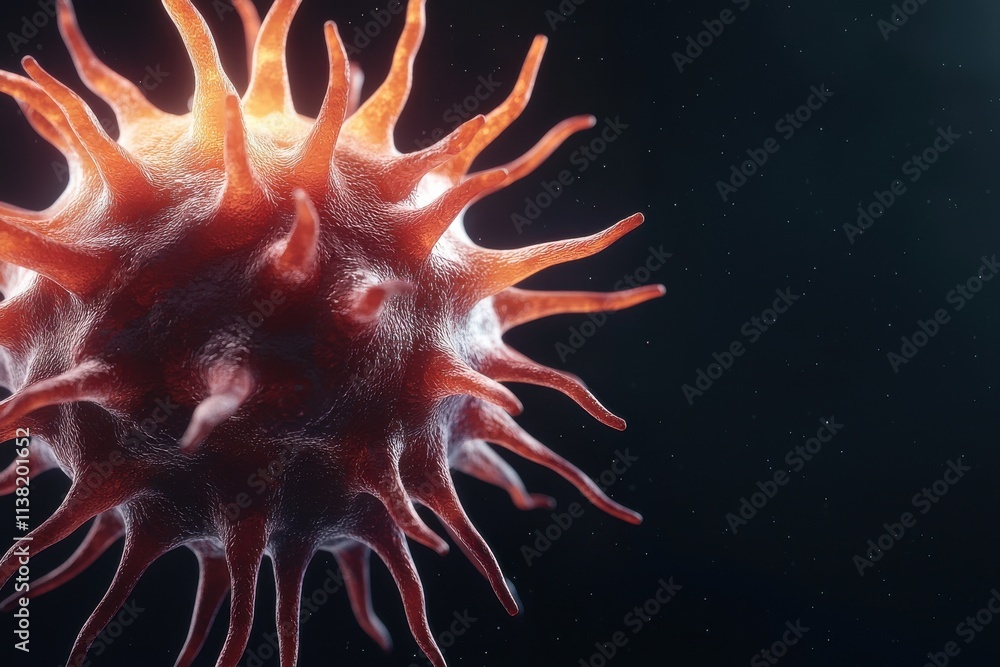 Poster a detailed, close-up view of a virus, showcasing its spiky surface and unique structure against a da