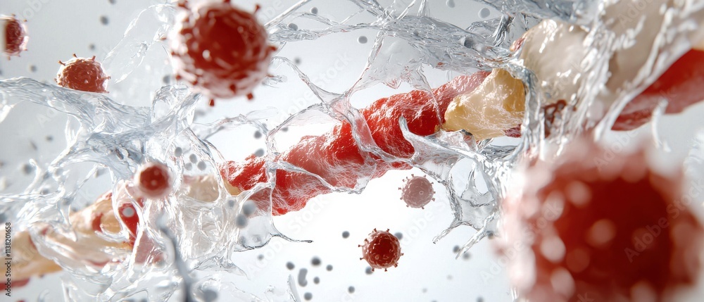 Poster a dynamic, abstract visualization of blood cells and pathogens, illustrating the interaction within 
