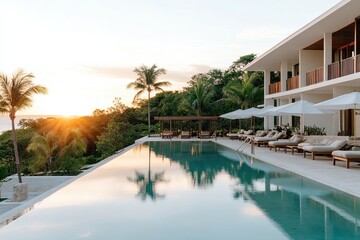 Fototapeta premium A captivating luxury poolside view featuring a sunset that gently reflects on the water's surface, merging nature and architecture in a serene retreat atmosphere.