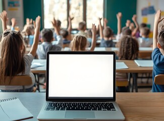 Laptop with Blank Screen on Desk in front of the Classroom Education Technology Concept AI Generated