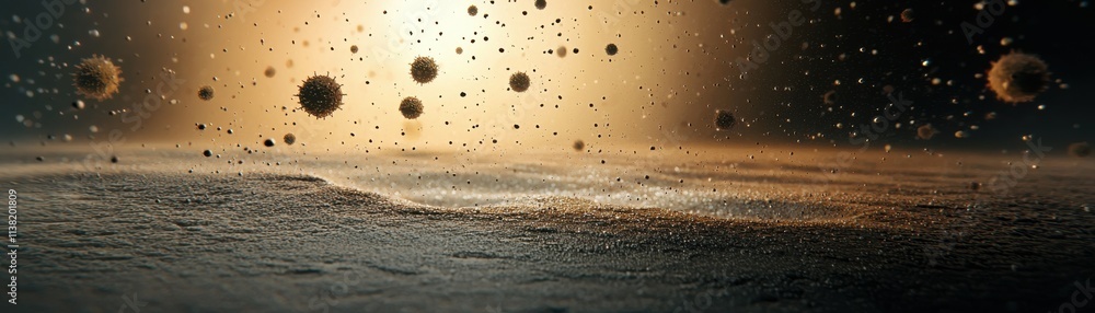 Poster an abstract depiction of a cosmic scene with floating spheres and a glowing backdrop, suggesting a v