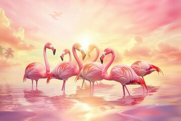 Naklejka premium A colorful scene of a flock of flamingos standing in the shallow waters of a lake