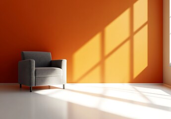 A clean, simple interior room with an orange-colored wall, grey armchair, and white floor in a 3D render