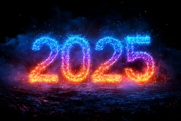 Fiery and Icy 2025: , 2025 new year word art design with dark background