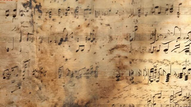 A piece of music with notes on it. The notes are scattered and overlapping, giving the impression of a messy and chaotic composition. Scene is one of disarray and confusion