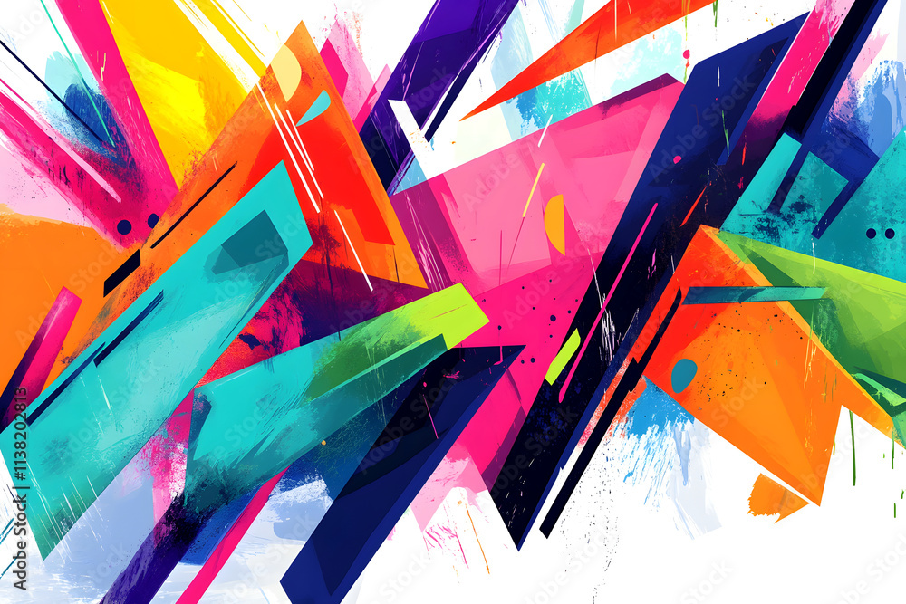 Poster vibrant abstract artwork featuring bold, intersecting shapes in a dynamic composition. a burst of co