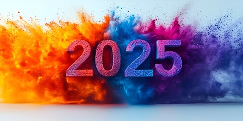 Vibrant 2025 New Year's Celebration word art design with vibrant color splashes, 2025 new year word art
