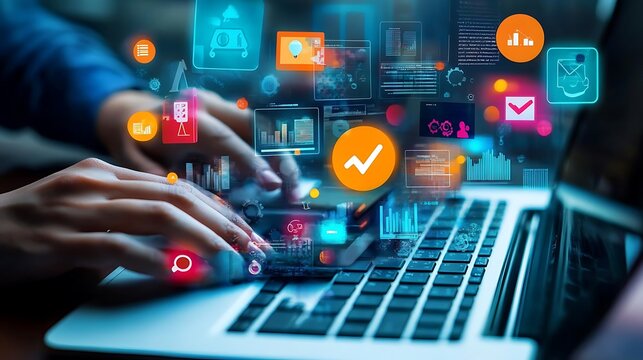 Hands typing digital marketing strategy on a laptop 