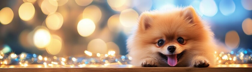 Obraz premium Cute fluffy Pomeranian puppy with sparkling lights in the background, evoking joy.