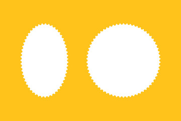 Postage round stamp frames. Empty borders for postcards, letters. White oval vintage stamps. Tags, labels, coupons, stickers with curvy, wiggly, wavy perforated edges. Vintage backdrop.