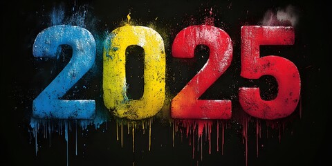 vibrant and textured depiction of the year 2025, rendered in bold, dripping paint strokes of blue, yellow, and red against a dark background, 2025 new year word art