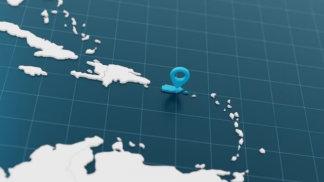 Blue Puerto Rico 3d map with pointer pin surrounded with other countries in white. Europe political map with borders animation. 3d render.