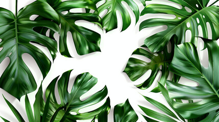 Monstera leaves in a vibrant tropical banner set against a green wall background. This lush foliage adds a natural touch to your interior decor, evoking a refreshing and exotic feel.