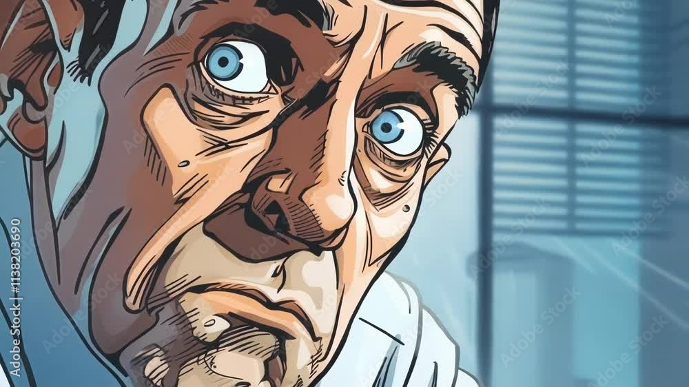 Poster scientist with a shocked expression is looking at something innovative. he is standing in a modern l