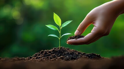 A close-up of a hand planting a small seedling into the soil, symbolizing environmental care, sustainability, and growth. The image is ideal for eco-friendly, gardening, or environmental topics. 