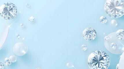 Glistening diamonds and pearls scattered on a light blue background.  A luxurious and elegant scene.