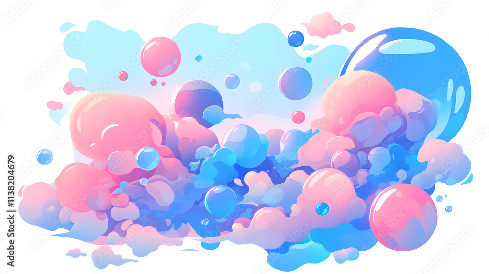 Poster abstract pastel-colored bubbles and clouds float against a white background, creating a dreamy and w